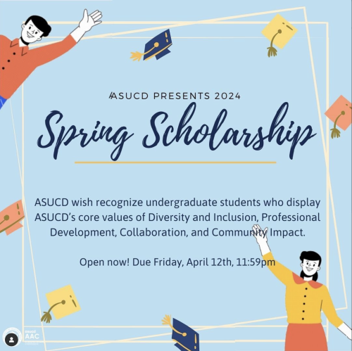 Blue image stating the ASUCD Spring Scholarship, recognizing ASUCD's core values